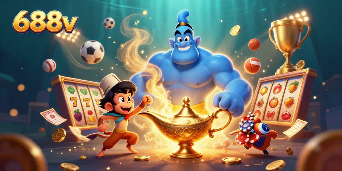 Engage with thrilling slots and sports at 688v through a vibrant 3D casino illustration.