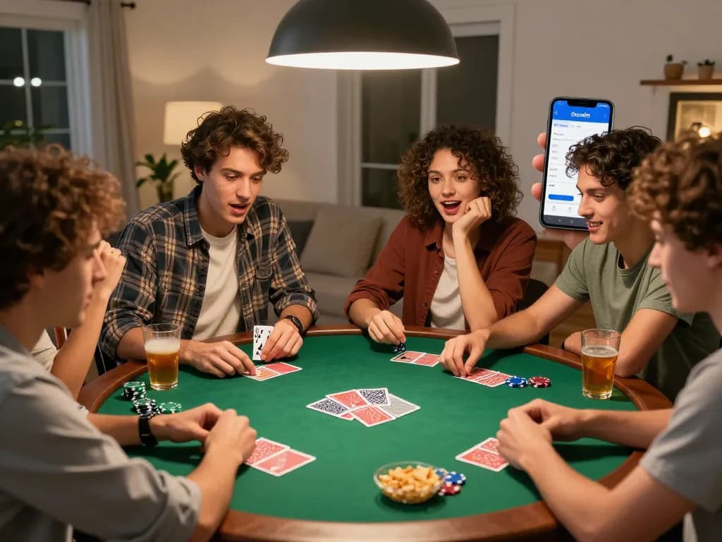 Friends enjoying a lively poker night while using the done55 app on a smartphone.