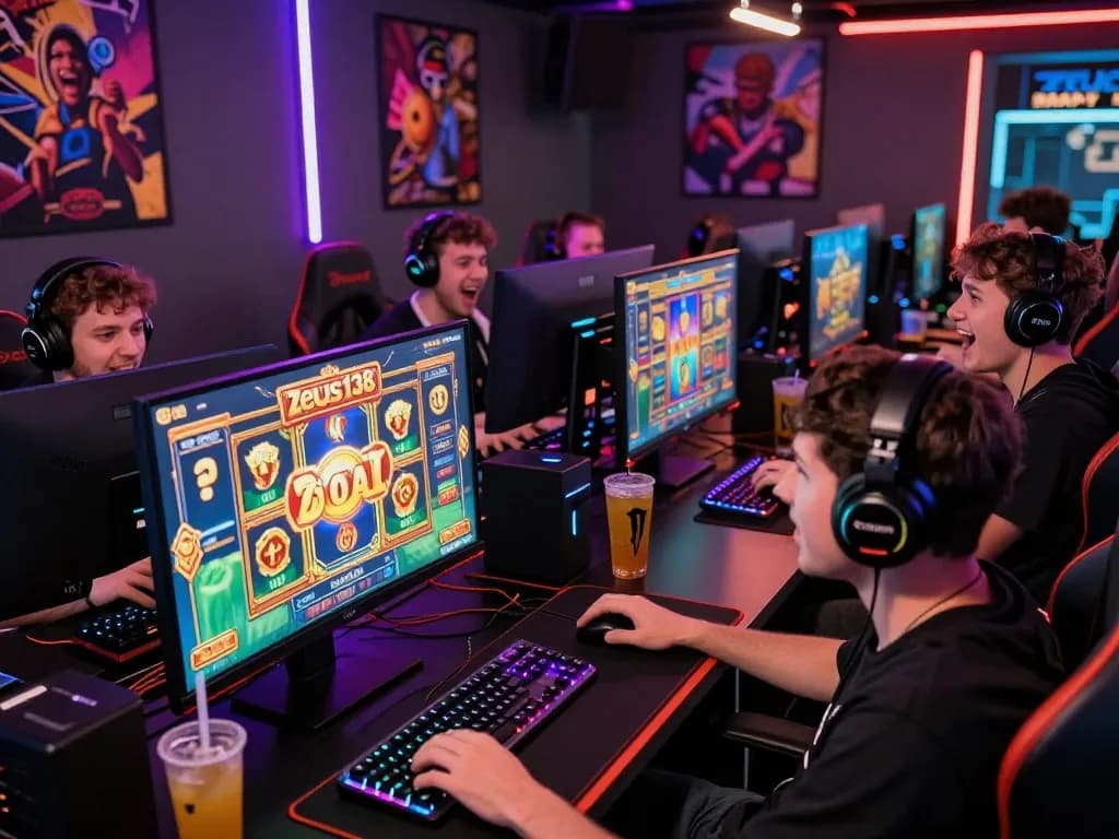Exciting Zeus138 online slot gaming session with diverse players showcasing maxwin indicators in a vibrant gaming environment.