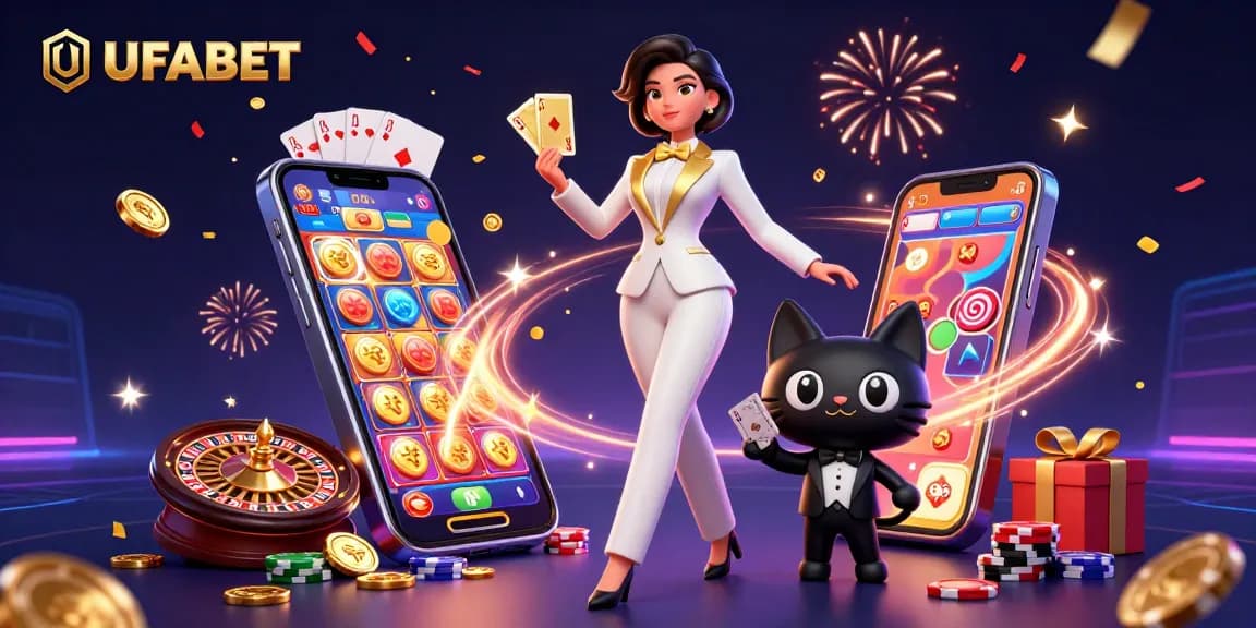 Experience thrilling gaming at UFABET with this vibrant 3D casino scene featuring cards and slot games.