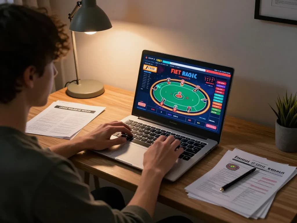 Player engaging with F8BET online casino platform, showcasing a vibrant poker game on laptop amidst a cozy home office.