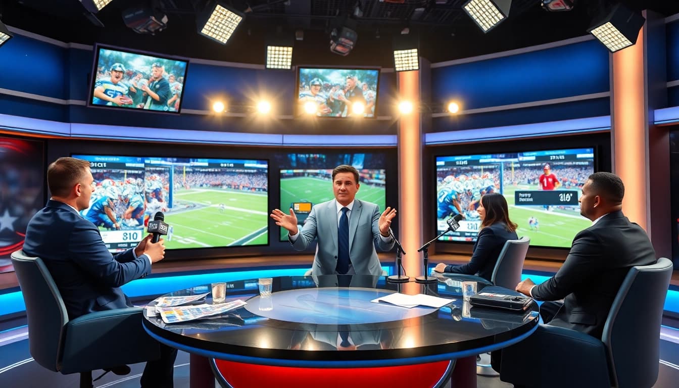 Engaging sports broadcasting discussion in a modern studio with live game footage.