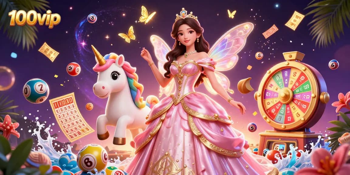 Experience the excitement of 100vip with colorful lottery elements, engaging characters, and a vibrant casino atmosphere.
