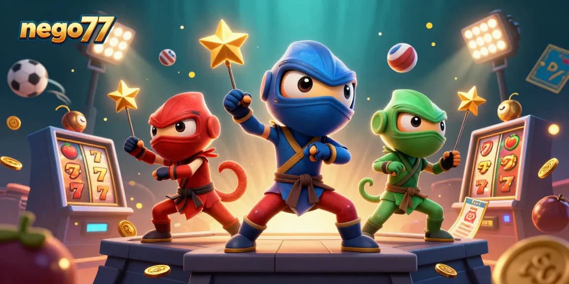 Nego77 casino scene featuring three chameleon ninjas performing slot machine maneuvers with dynamic elements.