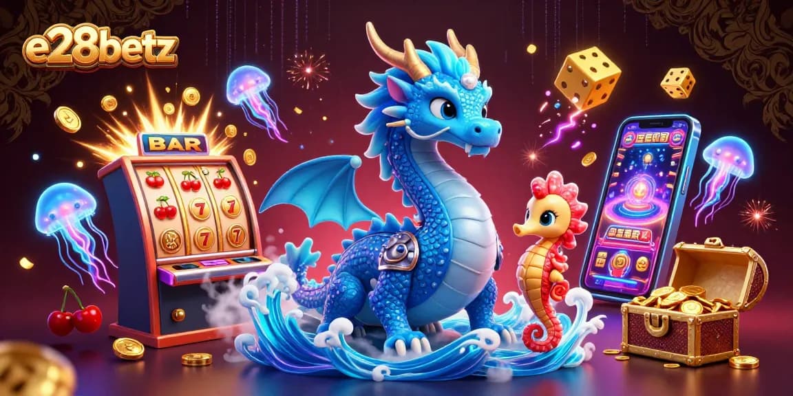 Join the excitement at e28betz with a vibrant casino scene featuring a lively dragon and seahorse knight.