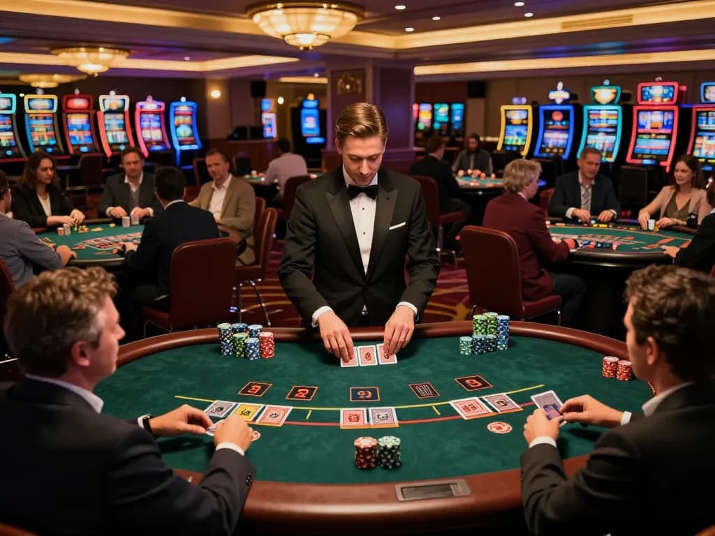 Engaging players at blackjack tables focused on ดูหนังออนไลน์ฟรี action in a vibrant casino atmosphere