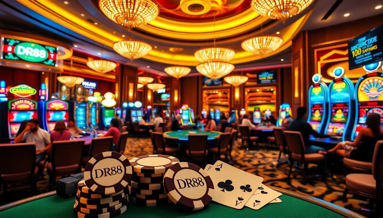 Experience thrilling gameplay at DR88 with poker chips and playing cards on a luxurious casino table.
