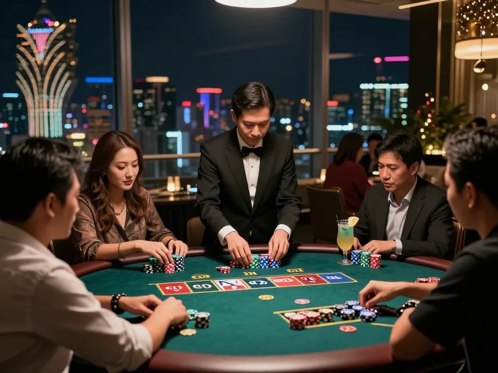 Engaged players enjoying the Togel Hongkong lottery game at upscale rooftop casino.