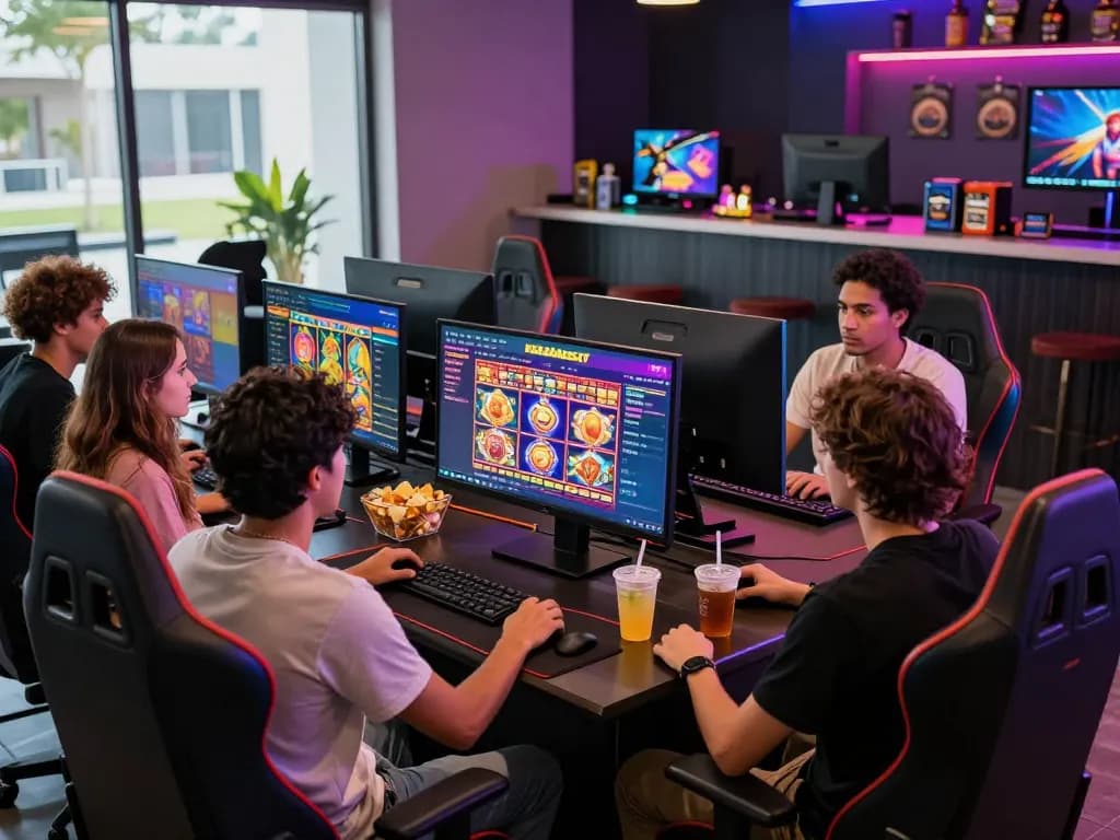 Friends enjoying a vibrant kerajaanslot gaming session in a modern online casino atmosphere with exciting graphics.