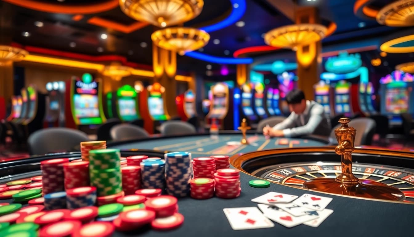 Experience the excitement of Trang chủ Luck8 with an elegant casino scene featuring poker chips and roulette wheels.