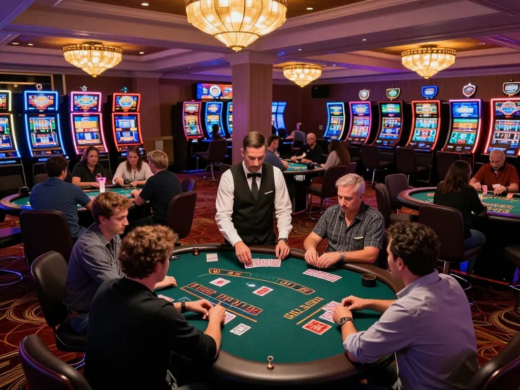 Players at KJC blackjack tables engaging in strategy during a lively casino game night.