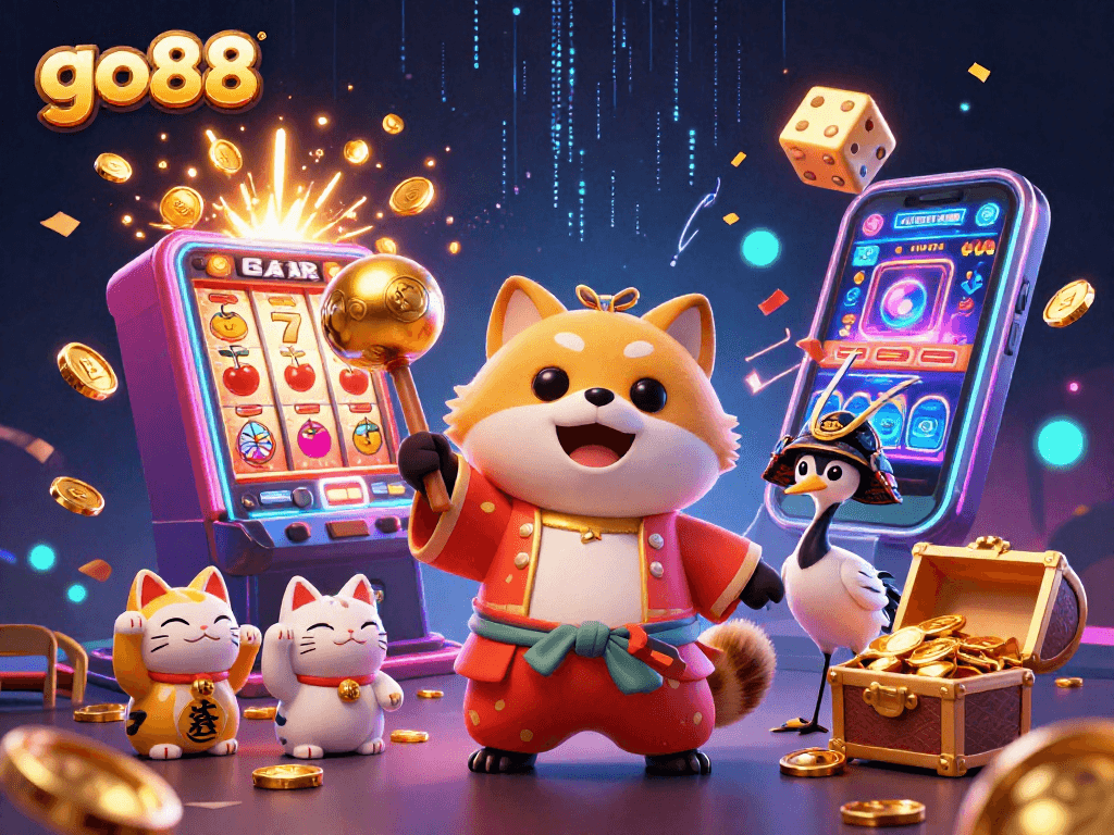 Experience fortune with go88 in this vibrant casino-themed illustration.