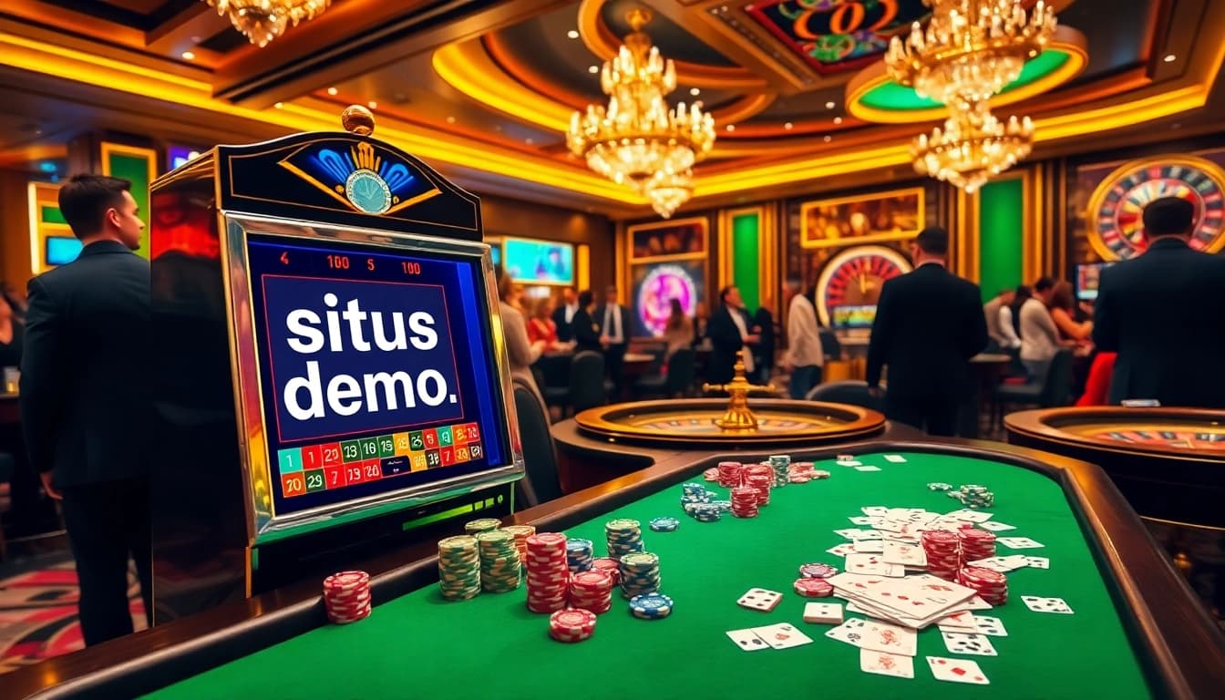 Exciting scene of a casino featuring a vibrant slot machine, showcasing situs slot demo with colorful poker chips and dice.