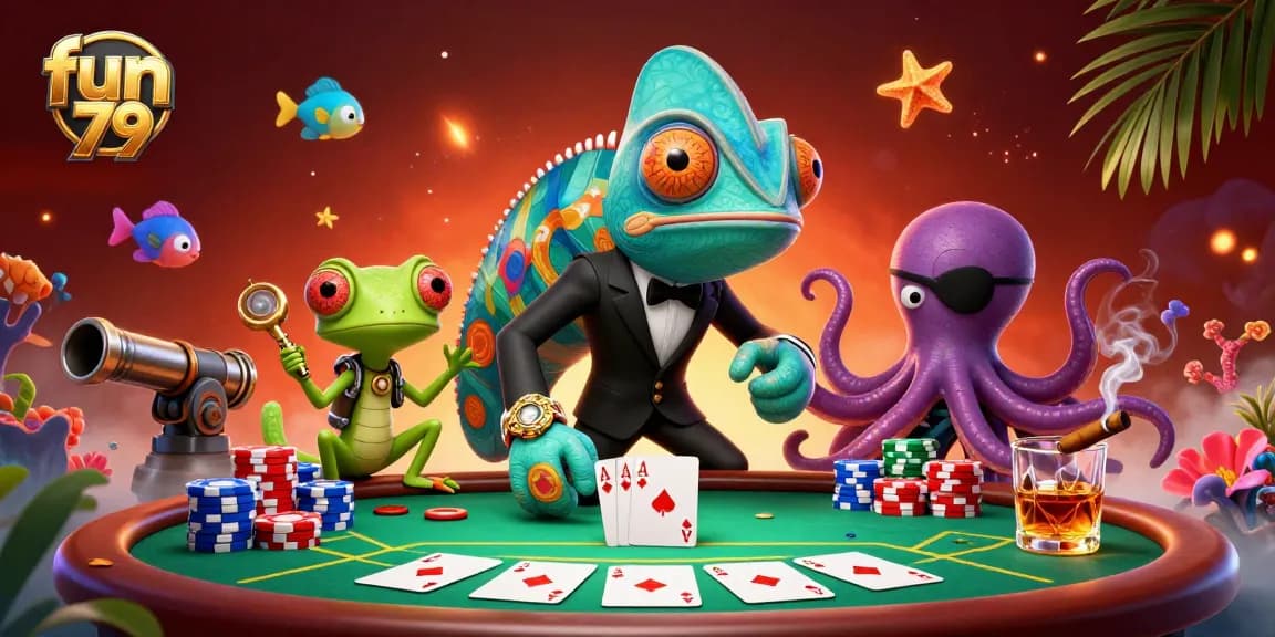 Join the thrilling action of fun 79 as a chameleon and gecko strategize in a vibrant underwater casino.