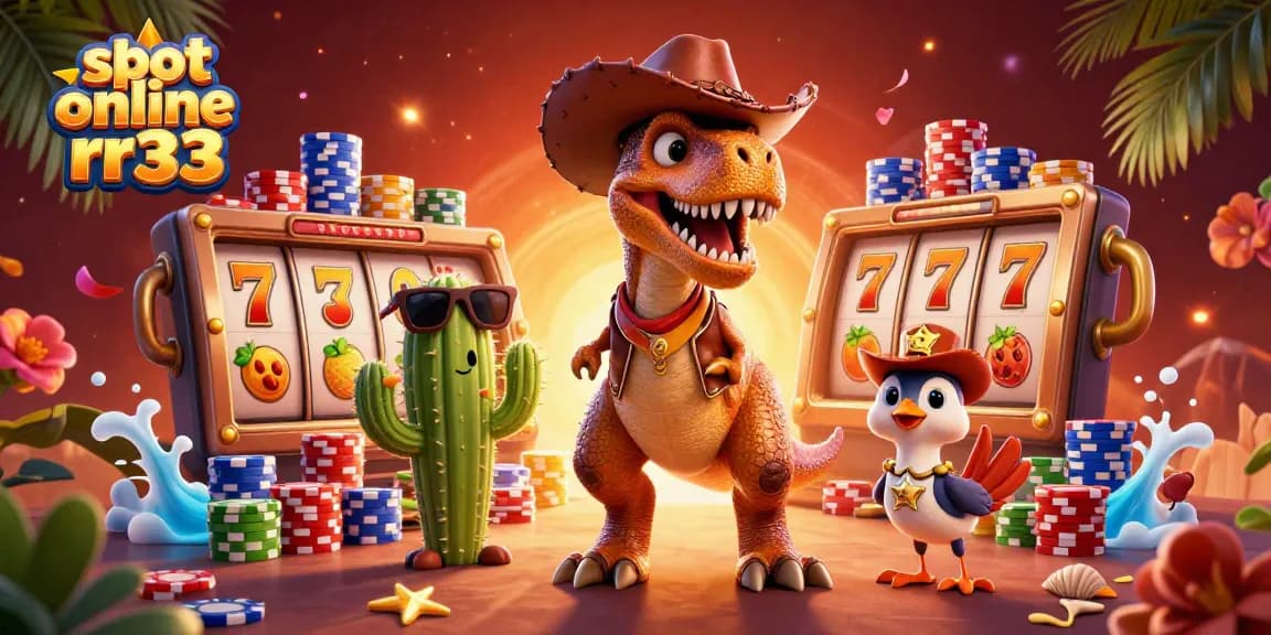 Spin to win with slot online rr33 featuring a lively dinosaur and fun gambling elements.