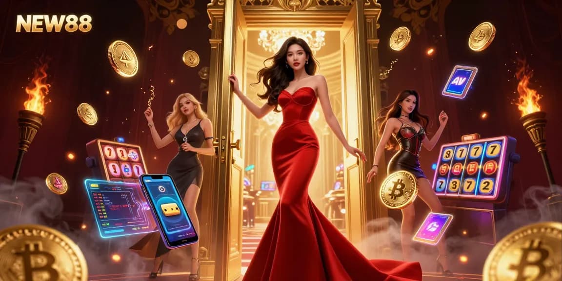 Experience the thrill of NEW88 at a luxurious casino doorway with Bitcoin and Ethereum elements.