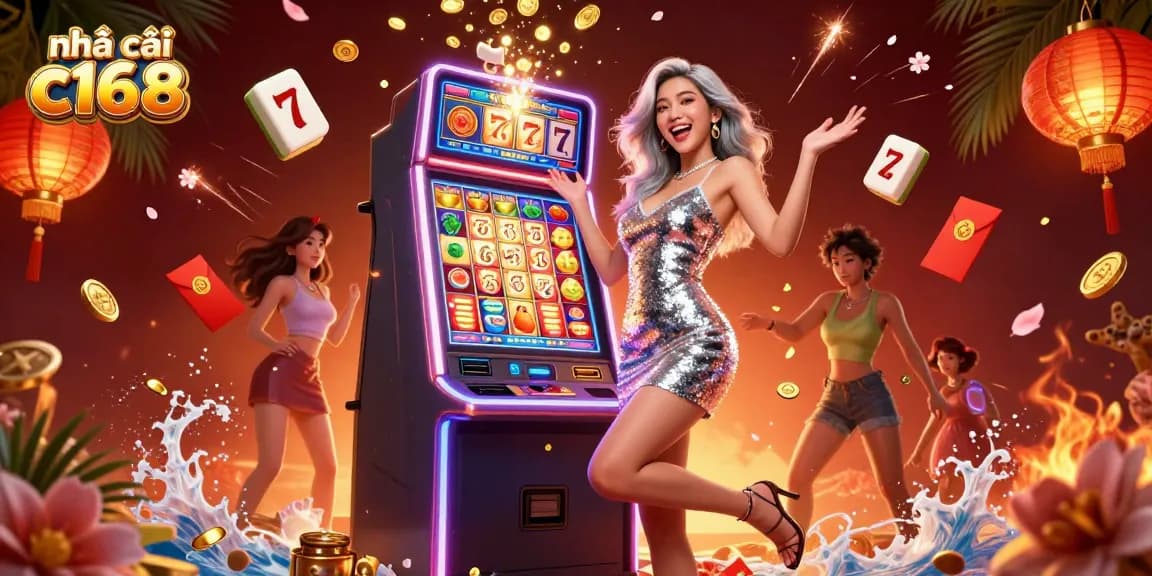 Spin and win at nhà cái c168 with exciting slots, showcasing vibrant casino action and celebratory themes.