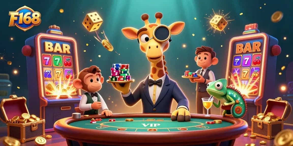 Experience big wins at F168 with a vibrant casino scene featuring a high-roller giraffe and exciting games.