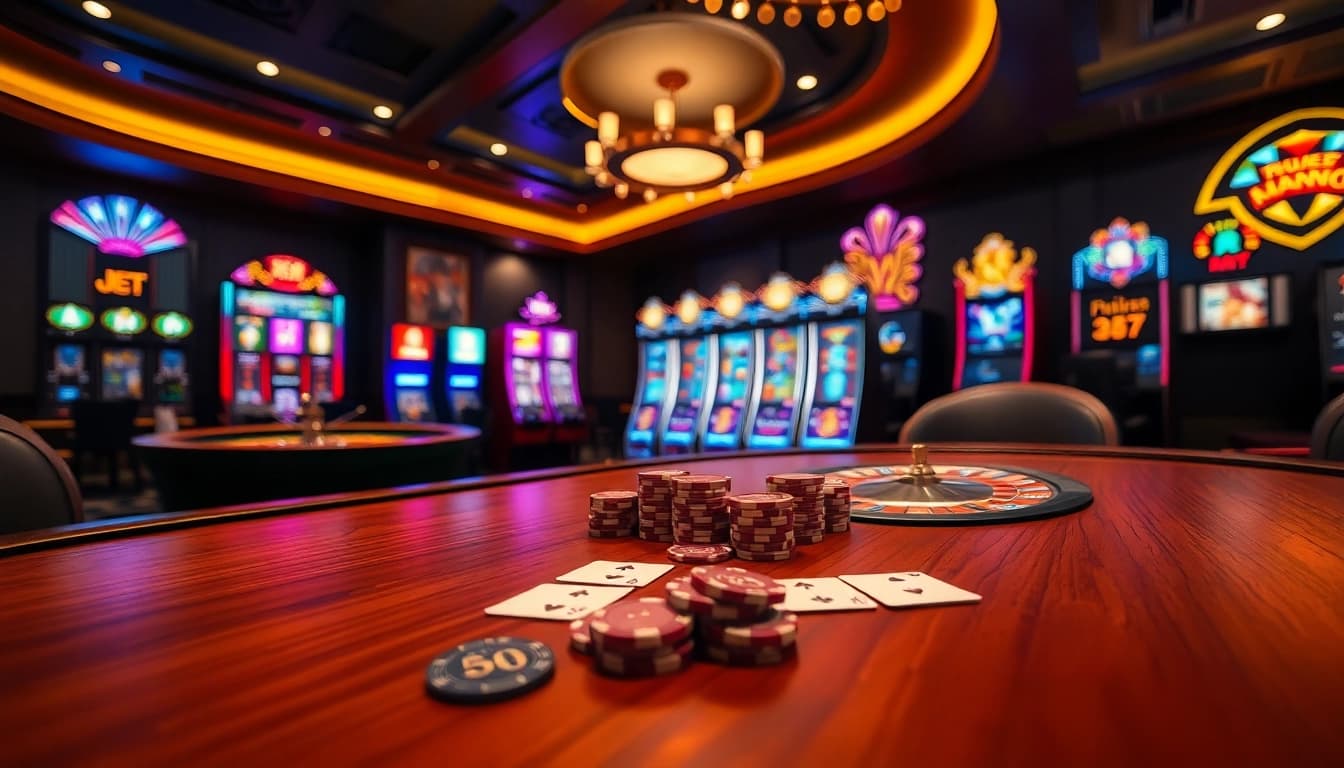Players enjoying high-stakes gambling at https://www.jl55.app/ casino tables with vibrant slot machines.