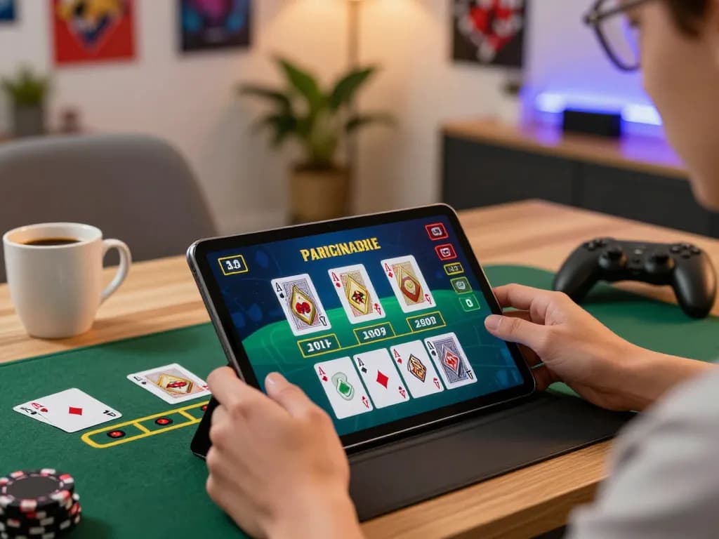 Gaining strategic insights at trang chủ fly88 while playing blackjack on a tablet in a cozy home office.