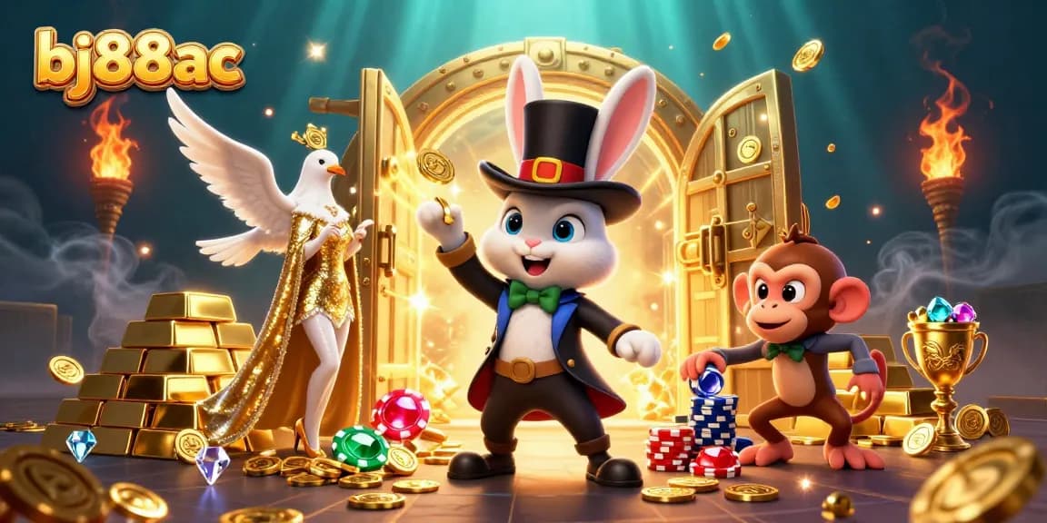 Experience exhilarating wins with bj88ac's magical 3D casino scene featuring playful characters and treasure.