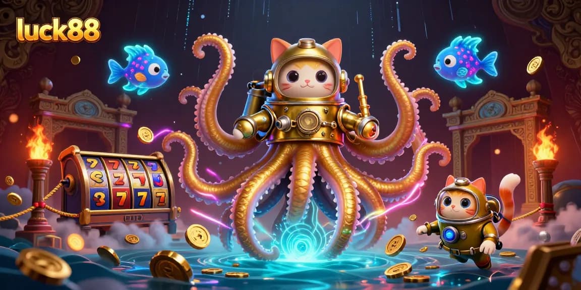 Experience luck88 slot excitement with a colossal kraken and vintage diving cat amidst vibrant gaming symbols.