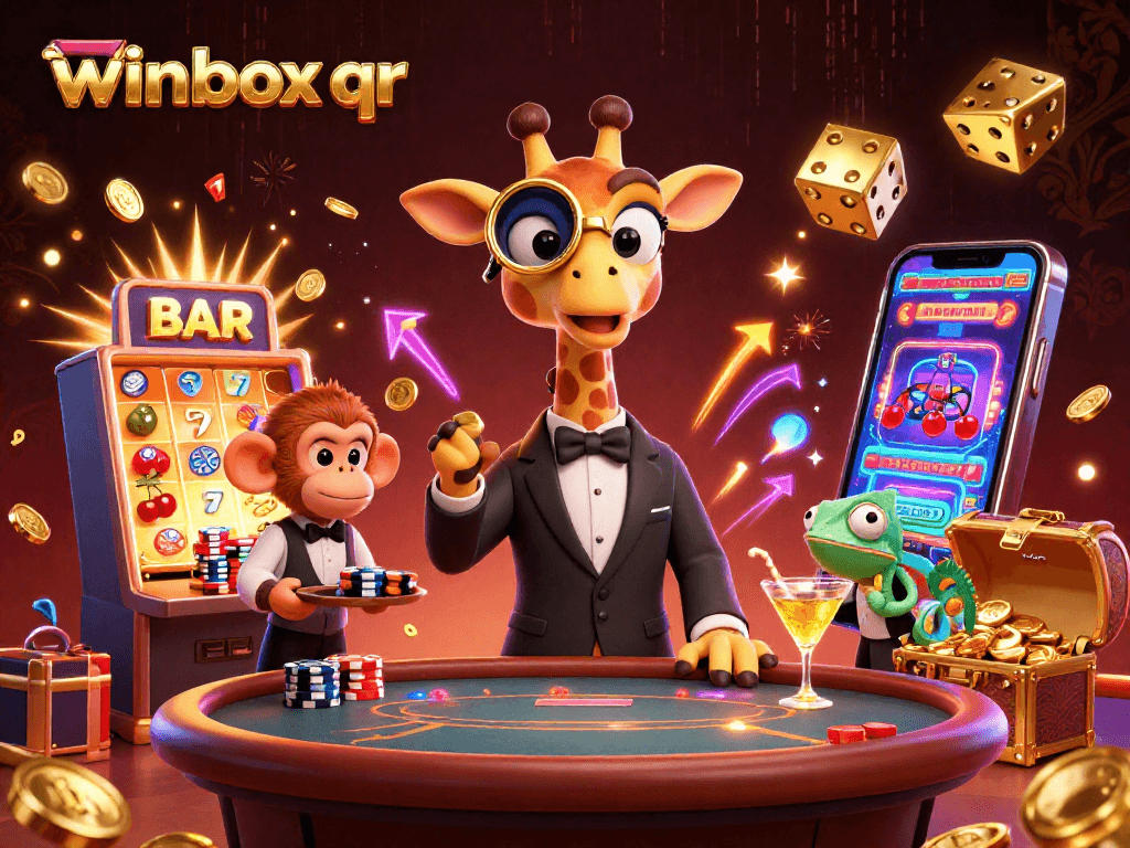 Winbox QR celebration scene with a high-roller giraffe, monkey valet, and chameleon bartender amidst a jackpot explosion.