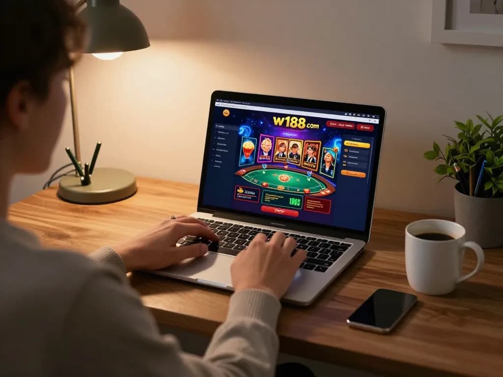 Playing poker on w188 com with vibrant graphics in a cozy home setting