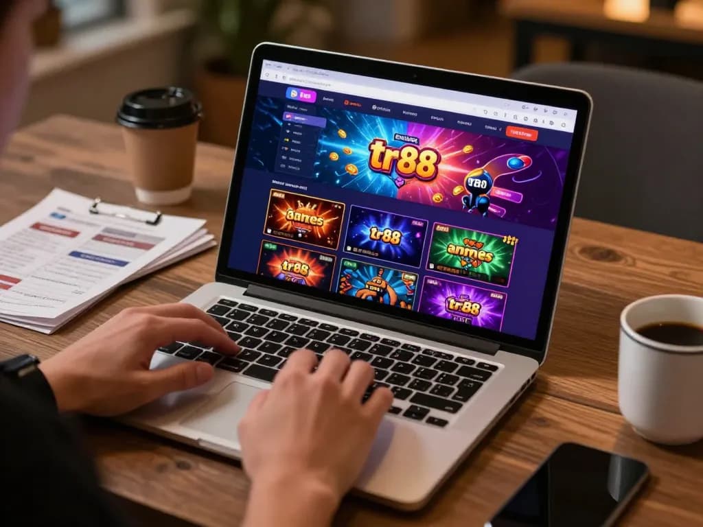 Engaging with tr88 games on a laptop, showcasing vibrant online casino graphics and organized workspace.