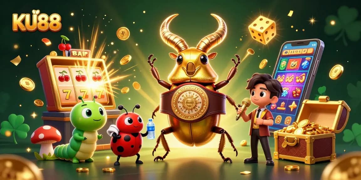Experience the excitement of KU88 with a dynamic 3D casino illustration featuring jackpots and fun gaming elements.
