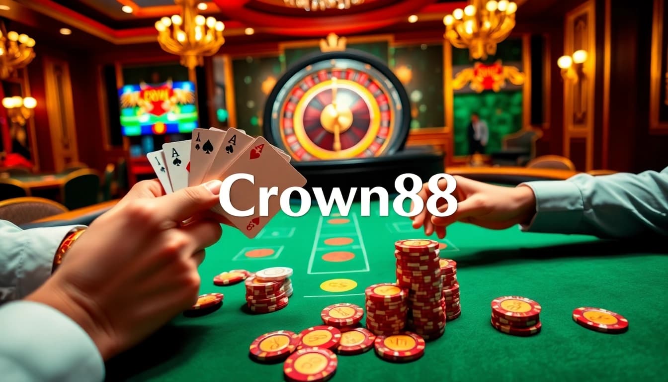Crown88 players engaging in a thrilling poker game at a luxurious casino table.