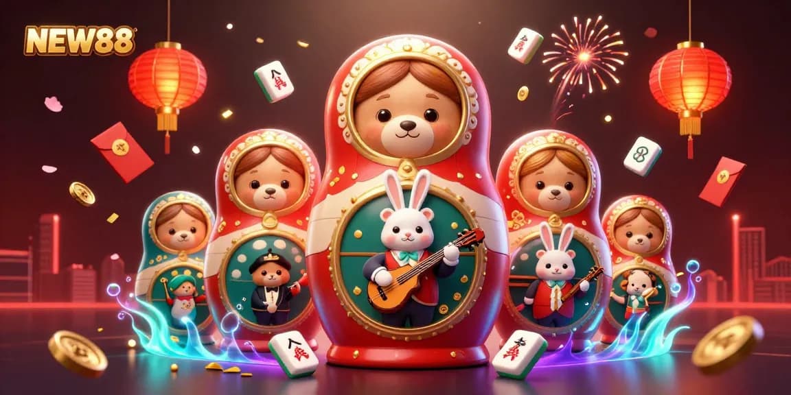 Experience the vibrant world of NEW88 with a dynamic casino scene featuring Matryoshka bears and dealer outfits.