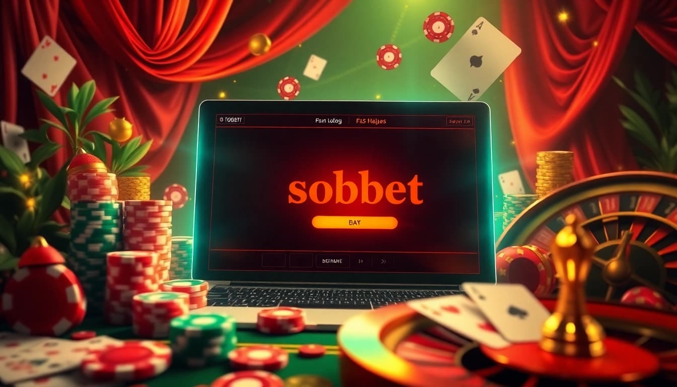 Sbobet login indonesia interface displayed alongside vibrant casino elements like roulette wheel and poker chips.