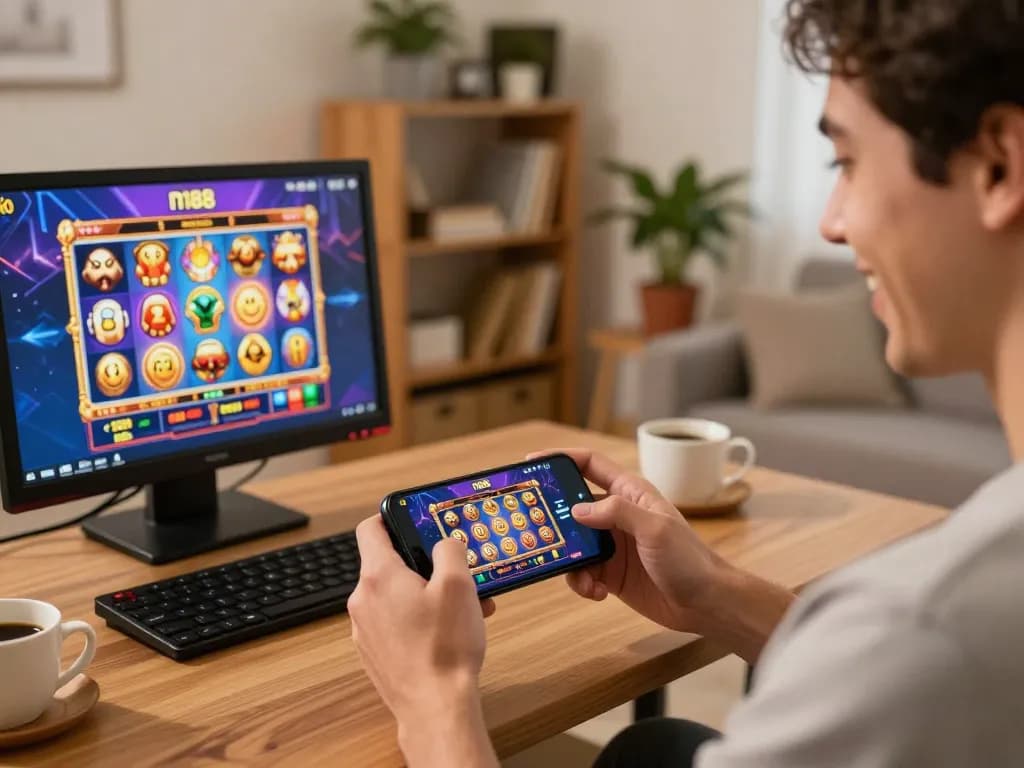 Engaging with the n188 casino app on a smartphone in a cozy home setting, showcasing an interactive gaming experience.