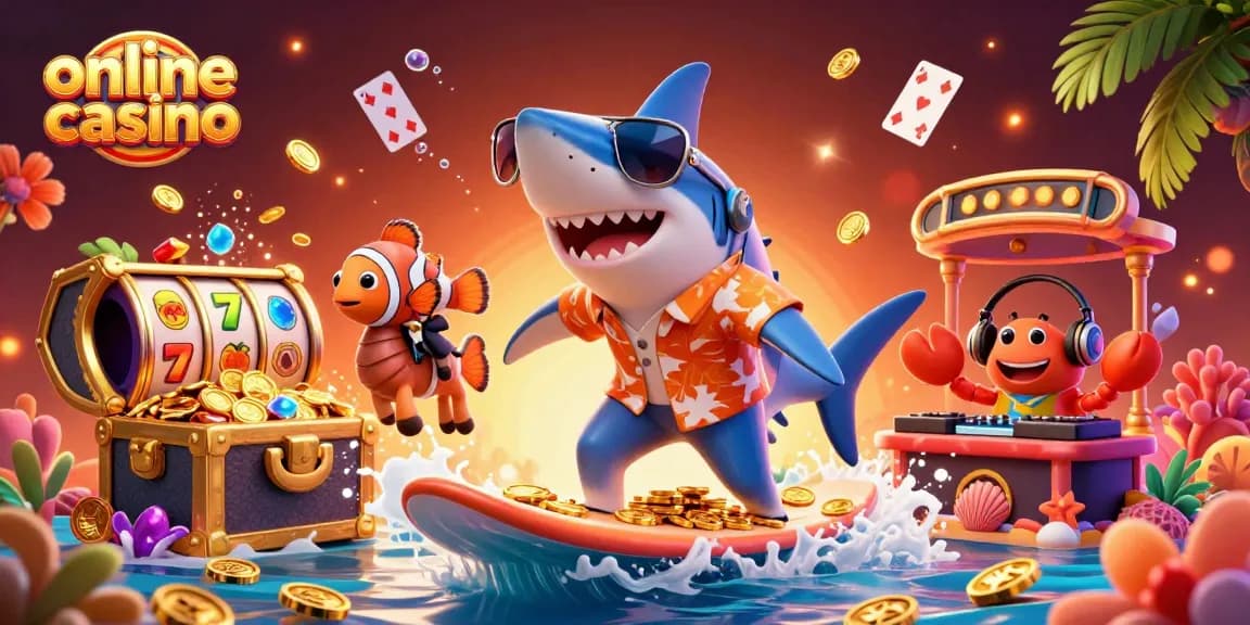 Ride the wave of gold coins at this vibrant online casino illustration, featuring a shark and slot reels.