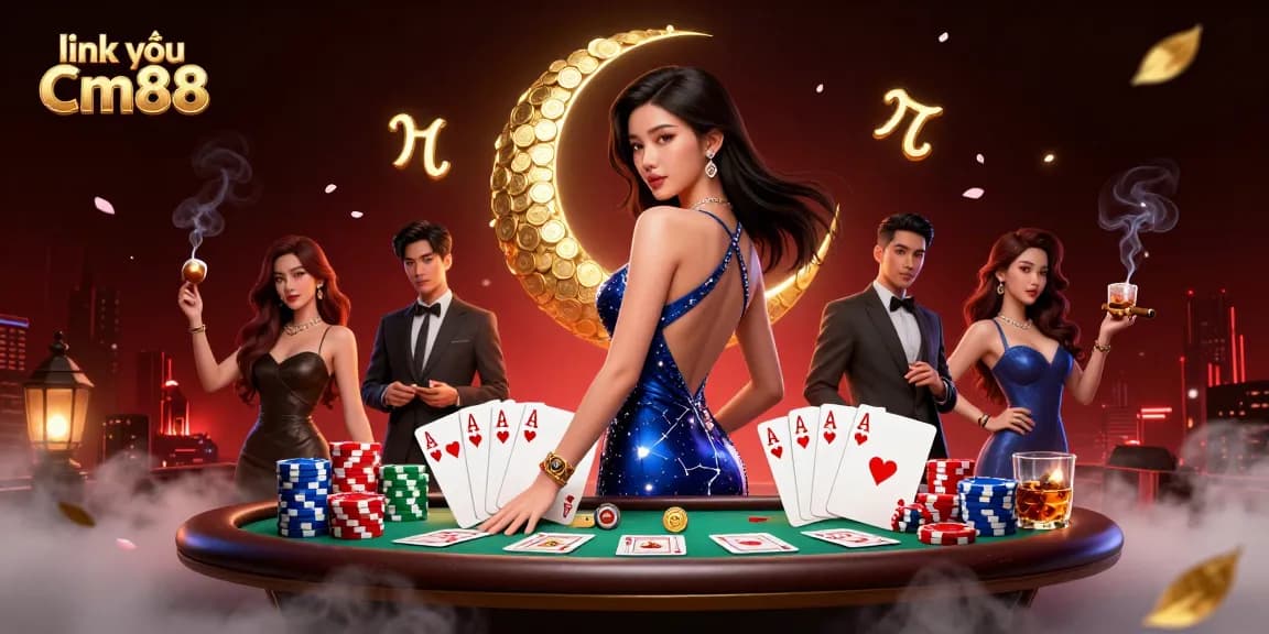 Place bets and enjoy gaming at link vào Cm88 with a thrilling casino action illustration featuring poker elements.