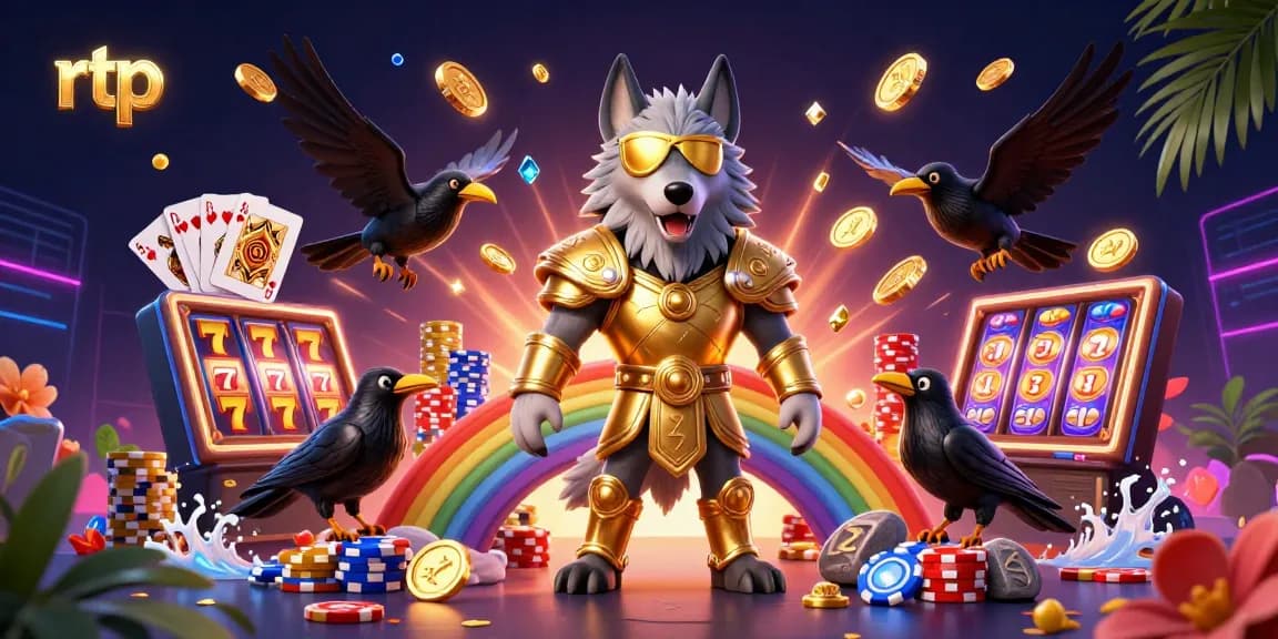 Experience the excitement of rtp in this 3D casino scene with Odin and slot symbols.