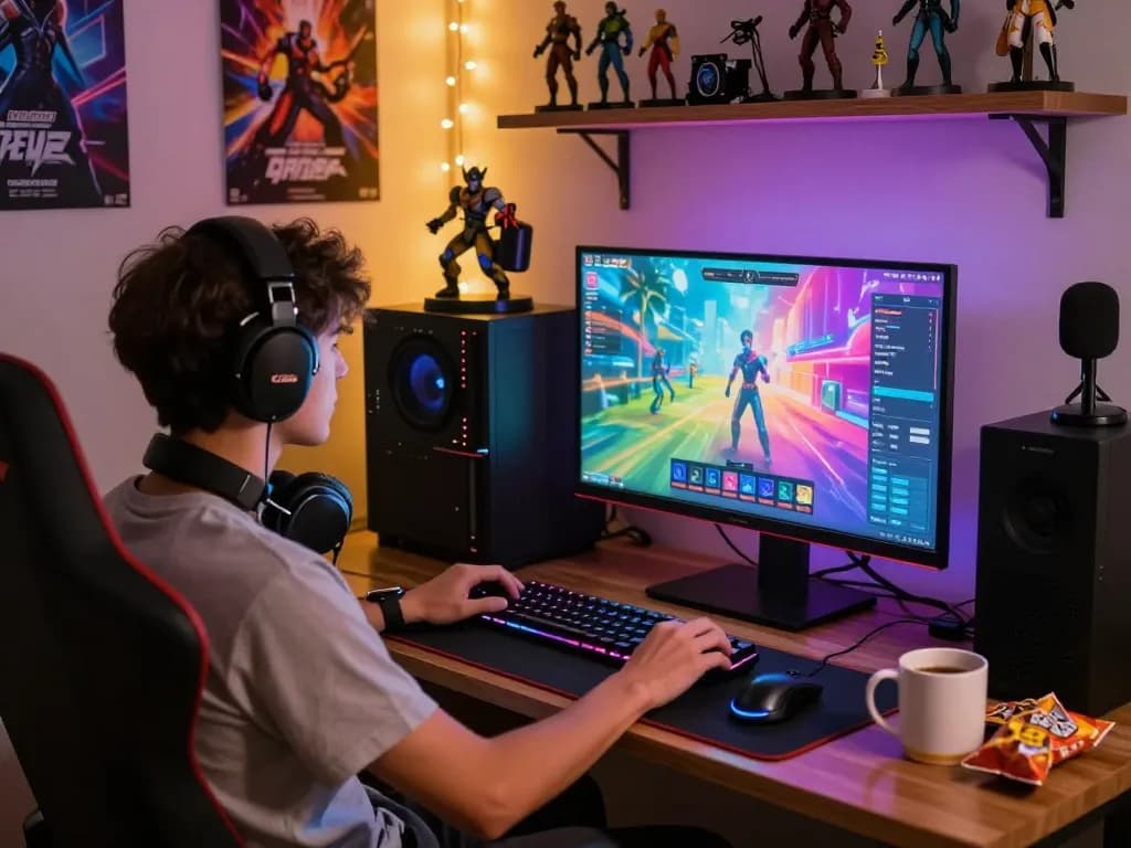 Immersive gamer enjoying a vibrant adult game in a cozy bedroom setting.