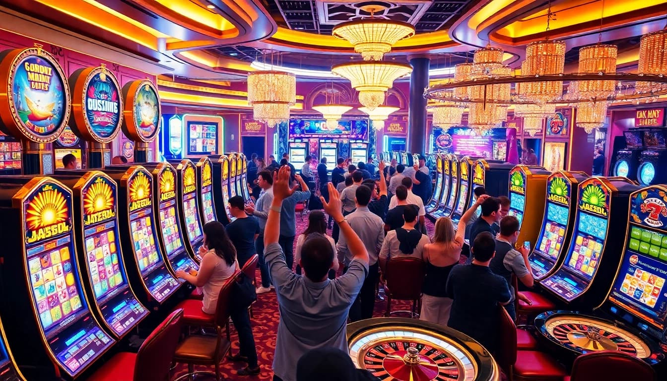 Engage with the exciting link slot gacor at a luxurious casino featuring jubilant players and vibrant slot machines.