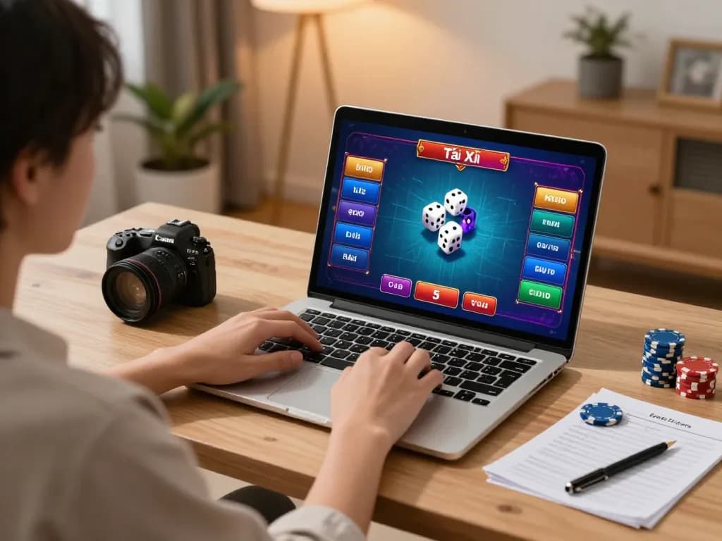 Tái xỉu online uy tín gaming setup with a player strategizing on a laptop.
