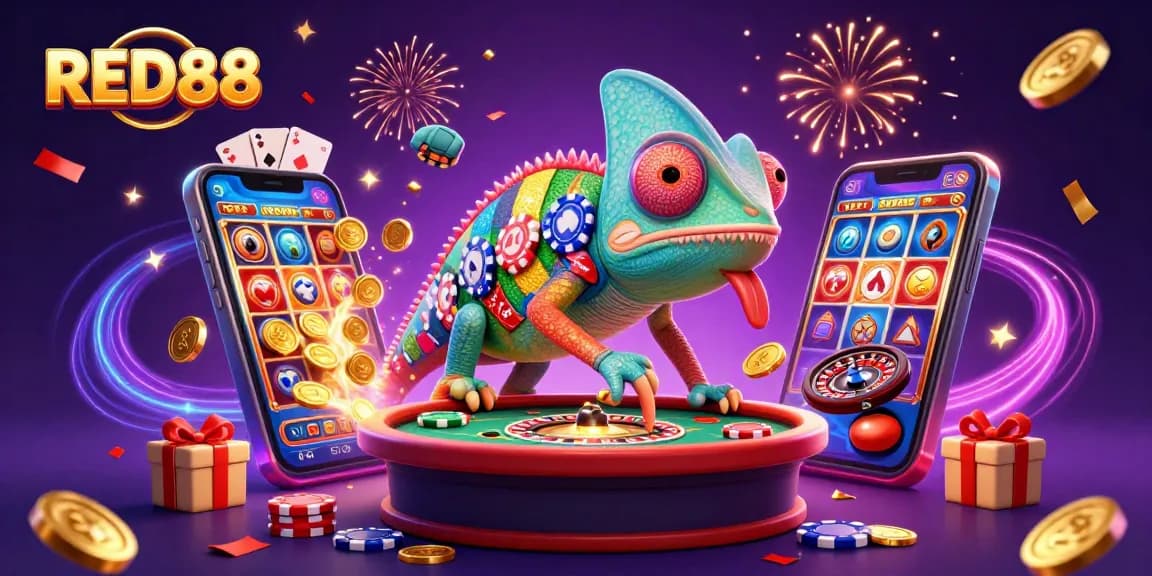 Engage in thrilling gameplay at RED88 with an exciting 3D chameleon casino owner among vivid slot games and poker action.