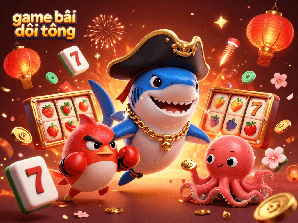 Play game bài đổi thưởng with vibrant characters in a rich casino scene full of festive elements.