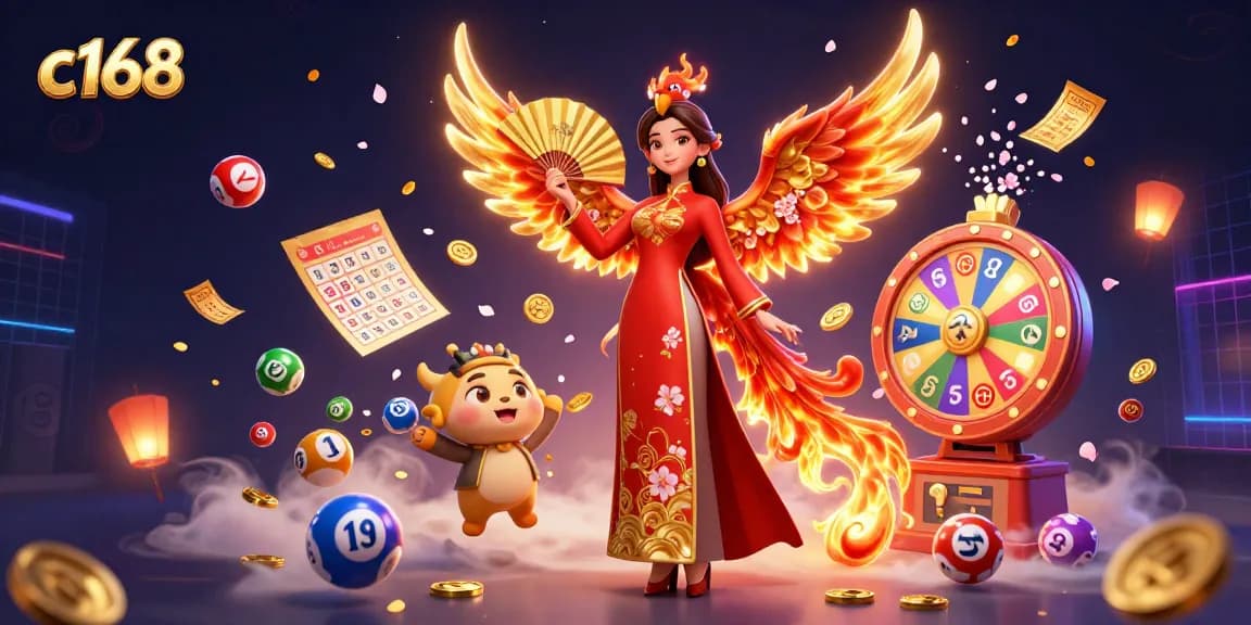 Witness the vibrant action of c168's online lottery scene, featuring colorful balls and gold coins amidst dynamic gaming elements.