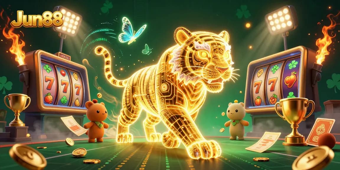 Jun88 online casino illustration showcasing vibrant games and dynamic golden elements.