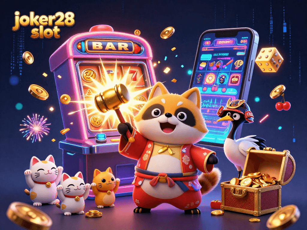 Permainan joker28 slot yang seru dengan karakter ceria dan slot mesin keberuntungan yang gemerlap.