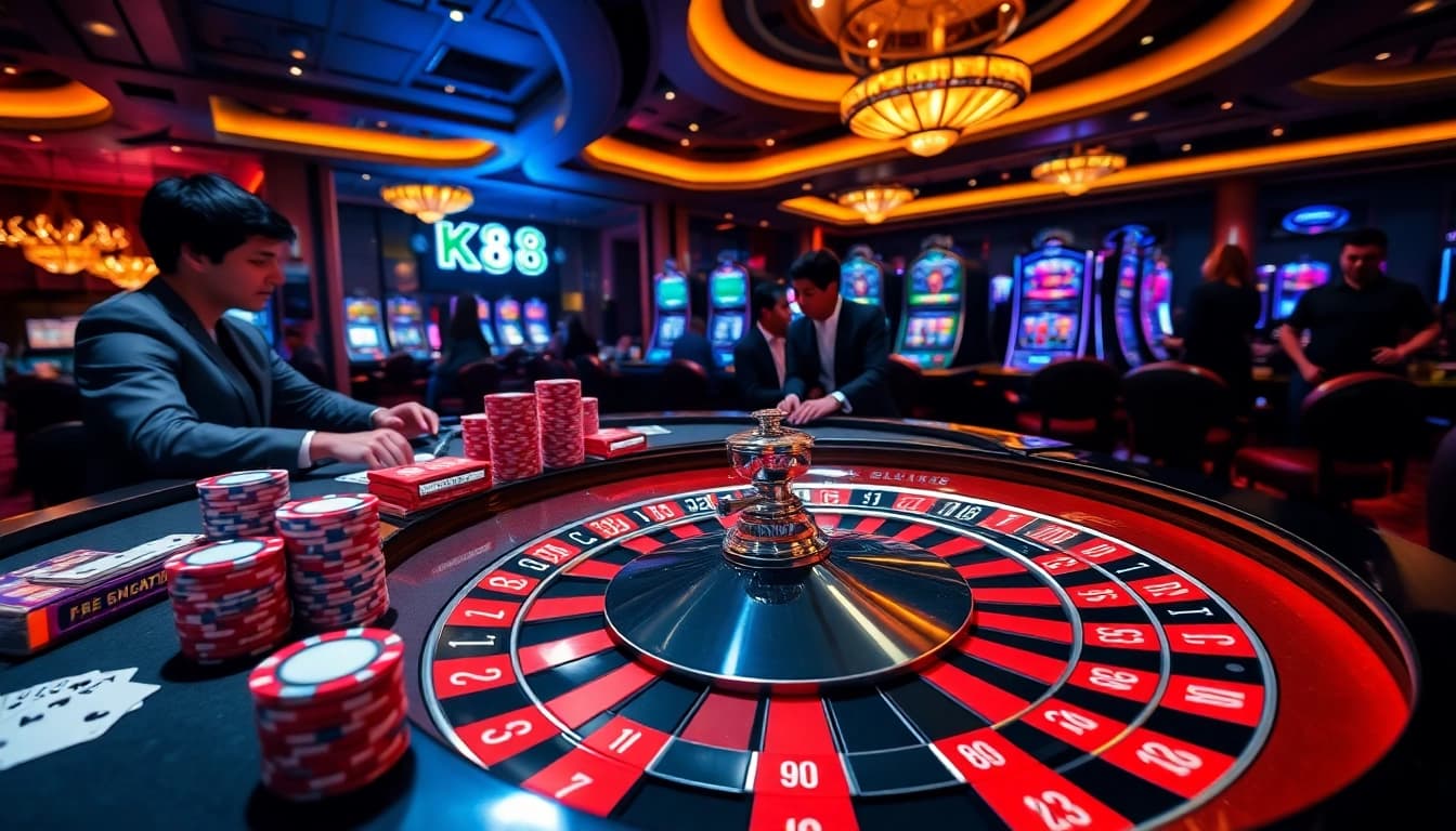 K88 casino players engaging in high-stakes gambling at a roulette table with colorful chips and cards.
