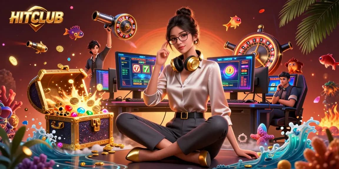 Experience HITCLUB thrills with a photorealistic gaming scene filled with vibrant casino elements.