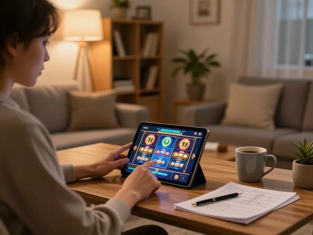 Engaged player enjoying slot games online with UGDEWA in cozy home setting