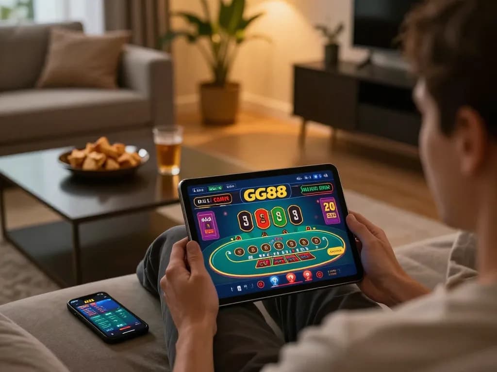 Engaging in gameplay on the GG88 app while relaxing at home, showcasing user-friendly interface for online gambling