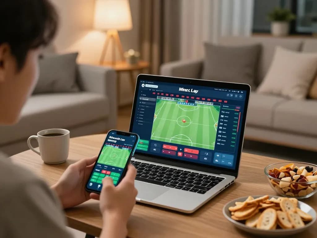 Person engaging with kèo nhà cái trực tiếp while placing sports bets in a cozy home setup